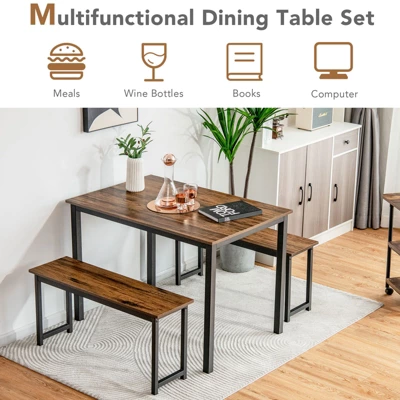 Tangkula 3pcs Dining Table Set For 4 Modern Industrial Counter Height Kitchen Table Set With 2 Benches For Dining Room Natural/Brown 8 Tangkula 3pcs Dining Table Set For 4 Modern Industrial Counter Height Kitchen Table Set With 2 Benches For Dining Room Natural/Brown - Image 6