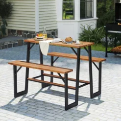 Tangkula Acacia Wood Picnic Table 4-Person Outdoor Table And Bench Set With 2 Built-in Benches Footrests Umbrella Hole Heavy-Duty Metal Frame -Beauty house GUEST 012ca9dd 3def 4be6 ad48 0455028a0573