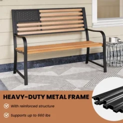 Tangkula 50” Outdoor Garden Bench 2-Person Metal Patio Chair With Flag Pattern Backrest & Rustic Wood Grain Finish -Beauty house GUEST 0227b5ac 5c08 4a04 a46c e95bb8c96bf3