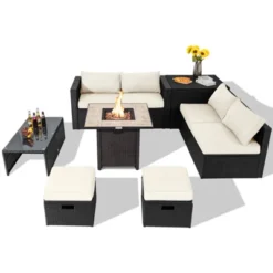 Tangkula 9 Pieces Outdoor PE Rattan Wicker Sectional Sofa With 42" Gas Fire Pit Table Space-Saving Patio Conversation Set With Storage Box Black/Grey/Navy/Red/Turquoise/Off White -Beauty house GUEST 023e5929 f84a 4957 9273 87e1a8969033