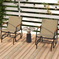 Tangkula Patio Glider Chair Set Of 2 W/ Curved Teak Armrests & Breathable Fabric Seat
