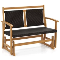Tangkula Patio Rattan Glider Bench Swing Gliding Rocker For 2 W/ Acacia Wood Frame -Beauty house GUEST 035a5039 0d91 4dab 858d 872b3c280325