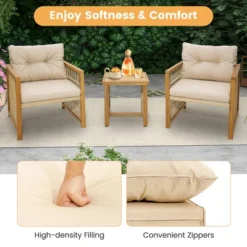 Tangkula 3PCS Patio Acacia Wood PE Wicker Furniture Set W/ Soft Seat & Back Cushions -Beauty house GUEST 038d03d6 c7be 4995 af2c 1293b3ee445e