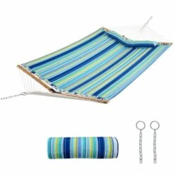 Tangkula Portable Hammock W/ Spreader Bars & Detachable Pillow Quick Dry & Water Proof Material Woven Cotton Rope Blue + Green/Light Blue + Yellow -Beauty house GUEST 040800b2 436e 4aa9 be68 cdf70ae5a105