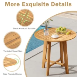 Tangkula 31.5" Patio Dining Table Round Teak Wood Dining Table W/ Slatted Tabletop Garden -Beauty house GUEST 04872b06 b1da 48bb 8b94 88adbd4e5403