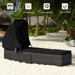 Tangkula Rattan Patio Chaise Lounge Chair W/ Adjustable Canopy Black Cushion -Beauty house GUEST 04b18874 e21a 461f 961f 2a65d112584f