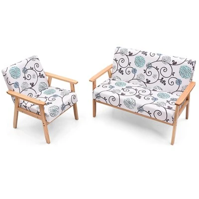 Tangkula 2 Piece Loveseat And Single Sofa Set Fabric Upholstered Couch & Accent Armchair White+Blue/Blue/Yellow Floral 6 Tangkula 2 Piece Loveseat And Single Sofa Set Fabric Upholstered Couch & Accent Armchair White+Blue/Blue/Yellow Floral - Image 4