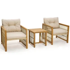 Tangkula 3PCS Patio Acacia Wood PE Wicker Furniture Set W/ Soft Seat & Back Cushions -Beauty house GUEST 056488ee 18f9 48e7 9abd f0d9c12944b5