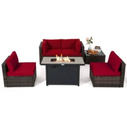 Tangkula 6 Pieces Outdoor PE Rattan Wicker Sectional Sofa With 42" 60,000 BTU Gas Fire Pit Table, Patio Conversation Set With Tempered Glass Coffee Table Black/Navy Blue/Red/Turquoise/Off White -Beauty house GUEST 05e6347f ecb7 424c b76b 54f20d867a00