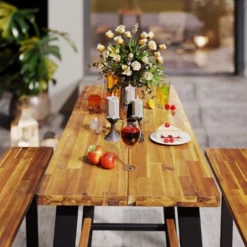 Tangkula Acacia Wood Picnic Table 4-Person Outdoor Table And Bench Set With 2 Built-in Benches Footrests Umbrella Hole Heavy-Duty Metal Frame -Beauty house GUEST 06de2862 eaea 442e bb2d cb5e4e8d7223