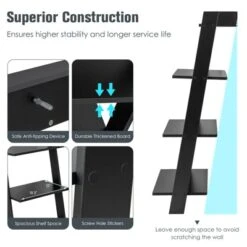 Tangkula 4-Tier Ladder Shelf 43” Tall Wooden Leaning Bookshelf Display Rack Modern Shelving Stand With Anti-tipping Device Black -Beauty house GUEST 085a358a ae68 4f5e a5f0 8dd1203ff357
