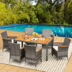 Tangkula 7PCS Patio Rattan Furniture Set Outdoor Conversation Set W/Cushions Acacia Wood Table -Beauty house GUEST 08d5e064 d99d 4b8b 9935 daa79138746d