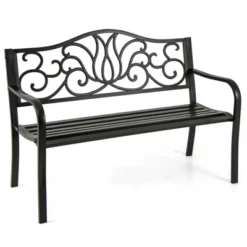 Tangkula 2-person Metal Bench W/ Floral Pattern Slanted Backrest Slatted Surface Black -Beauty house GUEST 09034350 009a 407a 8d49 857f9ff2a5d0