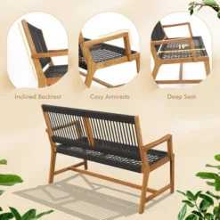 Tangkula Patio 2-Person Acacia Wood Bench All-Weather Rope Woven Outdoor Garden Natural -Beauty house GUEST 092653e1 9f36 4198 ba98 00d9bdf02c38