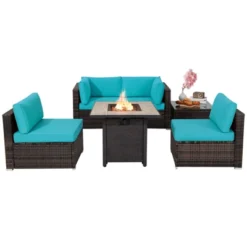 Tangkula 6 PCS Patio Wicker Furniture Set With 30" Gas Fire Pit Table 50,000 BTU Black/Red/Turquoise/Navy/White Cushions -Beauty house GUEST 0a27118f 5df0 47e2 8710 108209c9db5c