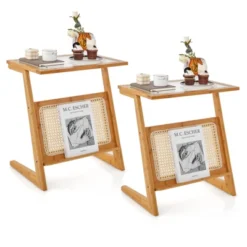 Tangkula 1pc/2pcs Z-shaped Side Table W/ Rattan Shelf Glass Top End Table W/ Magazine Rack Space-saving Sofa Side Bedside Table -Beauty house GUEST 0ab13ad0 7db9 4ce9 b658 e0461c042938