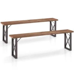 Tangkula 59" Outdoor Acacia Wood Benches Set Of 2 For 2-3 Person W/ Metal Support -Beauty house GUEST 0b04d0dc bd31 4b7d 8bda 7313615dff92