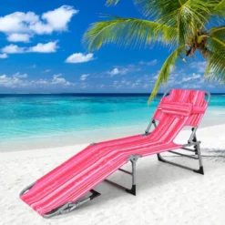 Tangkula Lounge Chair Beach Chair W/ Face Arm Hole Detachable Pillow Adjustable Backrest Side Pocket Outdoor Folding Chaise Sunbathing Chair Hot Pink