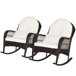 Tangkula 2PCS Patio Wicker Rocking Chair W/ White Seat Cushions & Lumbar Pillow Porch -Beauty house GUEST 0baff67d 7640 48c3 b5ec fb25f864cf22