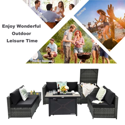 Tangkula 9 PCS Patio Rattan Furniture Set Fire Pit Table Storage Black W/ Cover 9 Tangkula 9 PCS Patio Rattan Furniture Set Fire Pit Table Storage Black W/ Cover - Image 7