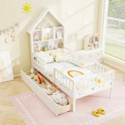Tangkula Twin Size House Bed W/ 2 Drawers Kids Montessori Bed W/ Storage Headboard
