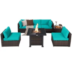 Tangkula Patio Rattan 7PCS Cushioned Chair Set Furniture Set Thick Cushion W/ 50,000 BTU Propane Fire Pit Table For Garden Black/Navy/Red/Turquoise/Off White -Beauty house GUEST 0d2912f6 08a4 4244 b548 501925fdbb9d