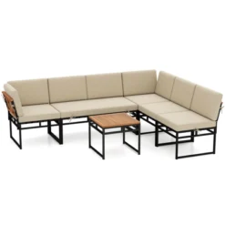 Tangkula Set Of 6 Outdoor Sectional Sofa Set Metal Conversation Set W/Cushions & Bungee Rope Seat Patio Acacia Wood Chair & Coffee Table Set -Beauty house GUEST 0e514710 b945 4a1f 9bfc ecc4c10e9145
