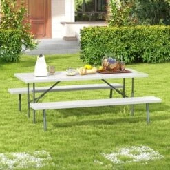 Tangkula Folding Picnic Table W/ 2 Benches 6 FT Camping Table Set W/ All-Weather HDPE Tabletop Grey