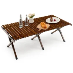 Tangkula Folding Wooden Camping Table Portable Picnic Table W/ Carry Bag Roll-up Bamboo Tabletop Outdoor Travel Camping Table Natural/Coffee -Beauty house GUEST 1011fdf6 155b 4aa9 bff5 320f2e3a5d38