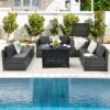 Tangkula 9 PCS Rattan Dinning Set Wicker Sofa W/Propane Gas Fire Pit 60,000 Btu Heater
