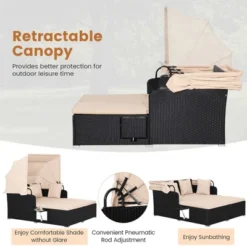 Tangkula Outdoor Wicker Lounge Daybed Hand-Woven PE Rattan Patio Loveseat Sofa Set With Retractable Canopy & 2 Side Tables With Soft Cushions Beige -Beauty house GUEST 11641b18 bbd5 49f1 b815 799fa3bdac73