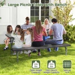 Tangkula Picnic Table Bench Set For 8 Person Outdoor Camping Table & 2 Benches With Metal Frame All-Weather Tabletop Black/Grey/Green/White -Beauty house GUEST 12eb2b3c 6eb0 43a2 8d7b 533938378e43