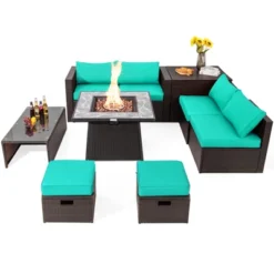 Tangkula 9 Pieces Outdoor Patio Furniture Set With 35" Propane Fire Pit Table Wicker Sectional Sofa Set W/ Storage Box Black/Gray/Navy/Red/Turquoise/Off White -Beauty house GUEST 12f71861 2fa9 4a66 be82 360125ed8c62