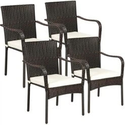 Tangkula 4 PCS Stackable Rattan Chairs Outdoor Dining Chairs W/Cushion For Porch Yard Garden -Beauty house GUEST 13cb9da8 02a6 4dd8 9718 484d68388874