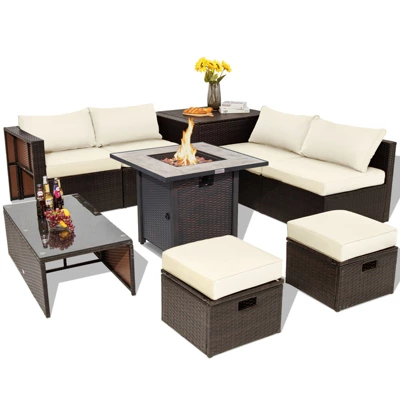 Tangkula 9 PCS Outdoor Patio Furniture Set W/ 30" Propane Fire Pit Table PE Wicker Space-Saving Sectional Sofa W/ Storage Box And Cushions Black/Gray/Navy/Red/Turquoise/Off White 14 Tangkula 9 PCS Outdoor Patio Furniture Set W/ 30" Propane Fire Pit Table PE Wicker Space-Saving Sectional Sofa W/ Storage Box And Cushions Black/Gray/Navy/Red/Turquoise/Off White - Image 12
