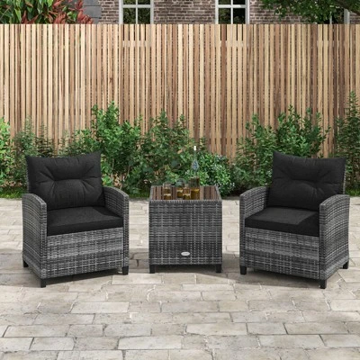 Tangkula 3 Pieces Patio Bistro Set Outdoor PE Rattan Conversation Chair Set With Tempered Glass Side Table And Removable Cushions Black 5 Tangkula 3 Pieces Patio Bistro Set Outdoor PE Rattan Conversation Chair Set With Tempered Glass Side Table And Removable Cushions Black - Image 3