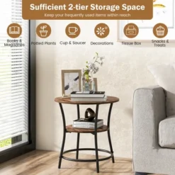 Tangkula 2-Tier Side Table Compact Round Metal Frame Coffee Table W/ Open Shelf Brown -Beauty house GUEST 1607cc5c e024 43b3 a039 517d5a719a5f