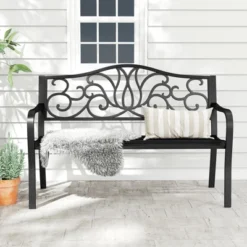 Tangkula 2-person Metal Bench W/ Floral Pattern Slanted Backrest Slatted Surface Black -Beauty house GUEST 162ad492 37ca 4eee b3d8 fd2b3f46def0