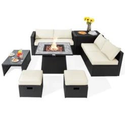 Tangkula 9 Pieces Outdoor PE Rattan Wicker Sectional Sofa With 35" Gas Fire Pit Table Space-Saving Patio Conversation Set With Storage Box Black/Grey/Navy/Red/Turquoise/Off White -Beauty house GUEST 16bc8757 5cdf 4c22 9fce f74cab4d7722