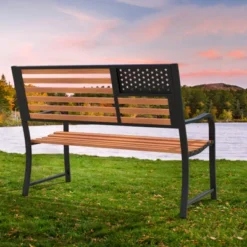 Tangkula 50” Outdoor Garden Bench 2-Person Metal Patio Chair With Flag Pattern Backrest & Rustic Wood Grain Finish -Beauty house GUEST 16df4a5c 6dad 4ff0 8896 e0685038fe59