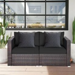 Tangkula 4PCS Rattan Corner Sofa Set Patio Outdoor Furniture Set W/ Black Cushions