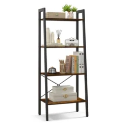 Tangkula 4-Tier Ladder Bookshelf Industrial Wooden Bookcase With Metal Frame Anti-Toppling Device Rack Rustic Brown/Gray Oak -Beauty house GUEST 1718e466 e06e 453d 81c6 62b1fb23803b