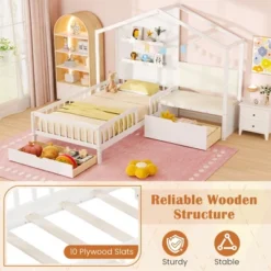Tangkula Twin Size House Bed Kids Platform Bed W/ Padded Bench & Floating Shelves -Beauty house GUEST 17295be7 bfb2 4aa2 8ca1 ec66ed2bf8e2