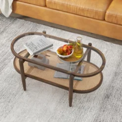 Tangkula 2-Tier Acacia Wood Coffee Table Mid-Century Modern Rectangular Center Table With Glass Tabletop And Imitation Rattan Storage Shelf 12 Tangkula 2-Tier Acacia Wood Coffee Table Mid-Century Modern Rectangular Center Table With Glass Tabletop And Imitation Rattan Storage Shelf -Beauty house GUEST 17367834 0388 45b4 8ccd 61758e9cc167
