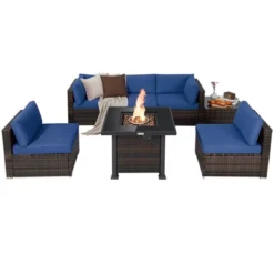 Tangkula Patio Rattan 7PCS Cushioned Chair Set Furniture Set Thick Cushion W/ 50,000 BTU Propane Fire Pit Table For Garden Black/Navy/Red/Turquoise/Off White -Beauty house GUEST 1772ee00 7952 44b5 b893 bee8d9302dea