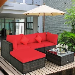 Tangkula 5PCS Rattan Sectional Sofa Set Patio Furniture Set W/ Red Cushion Pillow -Beauty house GUEST 184326cd 3280 4489 8259 7fe962cef7f8