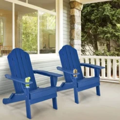 Tangkula 2PCS Patio Folding Adirondack Chair Weather Resistant Cup Holder Yard Navy