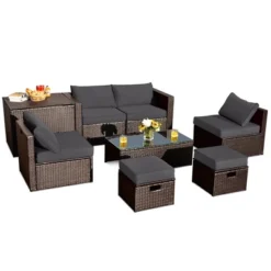Tangkula 8PCS Patio Rattan PE Wicker Conversation Set All-Weather Furniture Set W/ Cushions -Beauty house GUEST 18918d31 14f7 4610 a435 f44192b8d52a