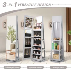 Tangkula 360° Rotating Mirrored Jewelry Cabinet Armoire 3 Color LED Modes Lockable Gray -Beauty house GUEST 199186a8 e03b 4d1a 83fb eb26a34d6deb