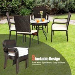 Tangkula 4 PCS Stackable Rattan Chairs Outdoor Dining Chairs W/Cushion For Porch Yard Garden -Beauty house GUEST 19be012c 9ba3 4ea6 81c1 919330185795